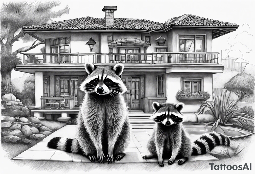 Raccoon Family in Front of her New villa with Pool.
The Husband hast Tools in His Hands.
The wife holds a cake.
The Childs plays with a ball tattoo idea