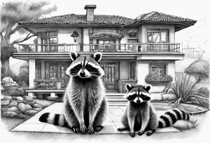 Raccoon Family in Front of her New villa with Pool.
The Husband hast Tools in His Hands.
The wife holds a cake.
The Childs plays with a ball tattoo idea