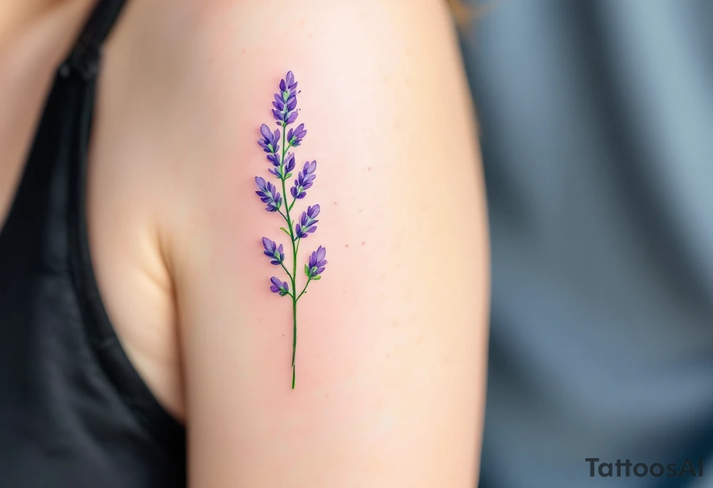 A single delicate lavender sprig in soft purple and green, with fine watercolor shading for a natural, airy look. tattoo idea
