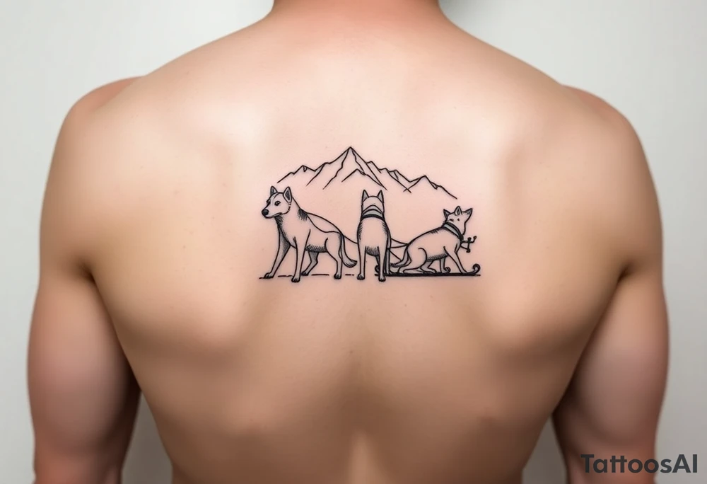 4 Sled dogs from a side view 
with sled and northern lights and mountains tattoo idea