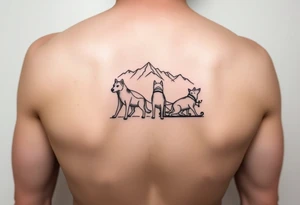 4 Sled dogs from a side view 
with sled and northern lights and mountains tattoo idea