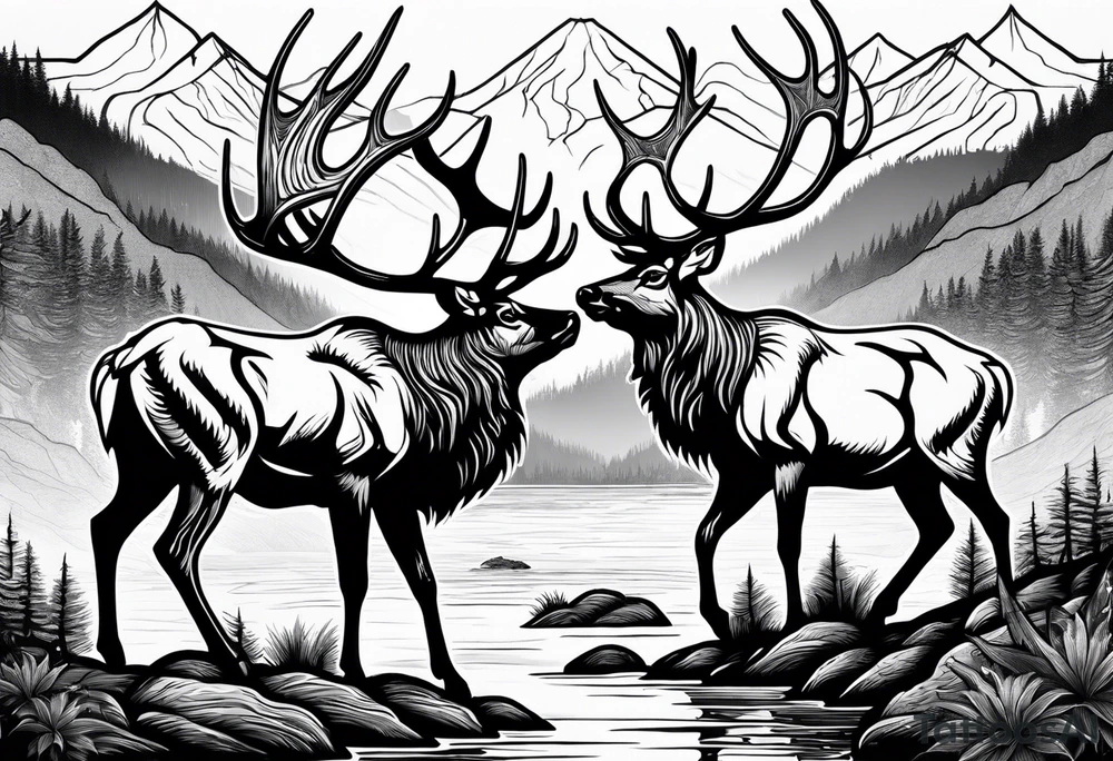 two elk fighting with mountains and stream in background tattoo idea