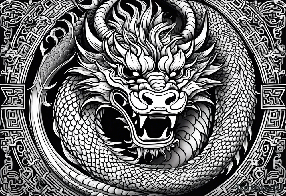 A highly detailed black and white tattoo design of a traditional Chinese dragon, coiled elegantly as if wrapping around a calf. The dragon should have intricate scales, sharp claws, and a fierce expression with long whiskers and prominent horns. The dragon's head should be positioned to face directly forward, with its gaze fixed straight ahead as if looking directly at the viewer. The body should be long and serpentine, with a fluid and dynamic motion. Traditional Chinese cloud patterns or waves should be incorporated to enhance the sense of movement and energy. The design must be well-balanced, with precise shading to create depth, ensuring it's an ideal tattoo design without any background scenery or body parts depicted. tattoo idea