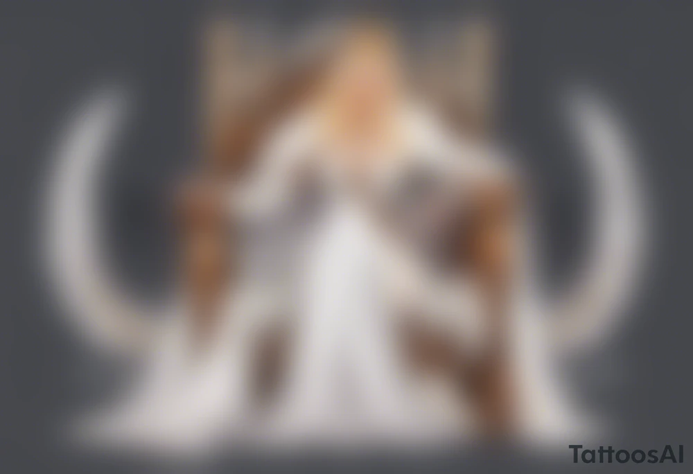 a 40-year-old Viking queen with blonde hair wearing a white fur cloak sitting on a throne with a dove on her shoulder tattoo idea