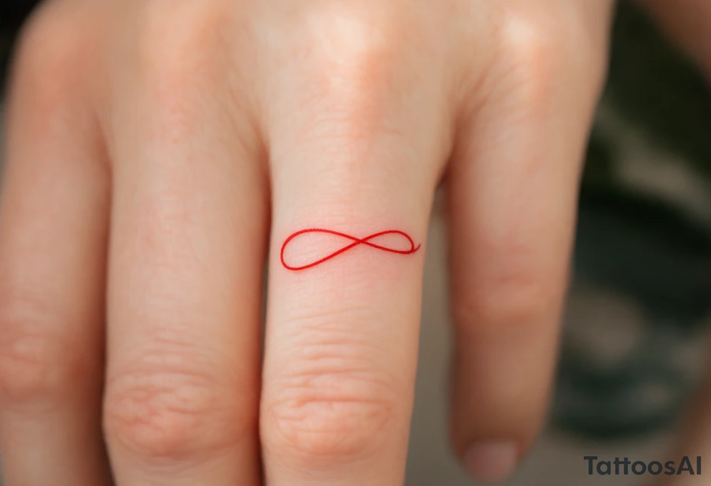 A tiny, delicate red band looped around the finger tattoo idea