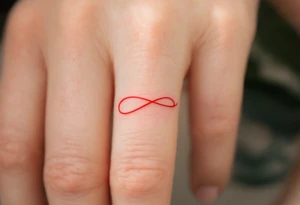 A tiny, delicate red band looped around the finger tattoo idea