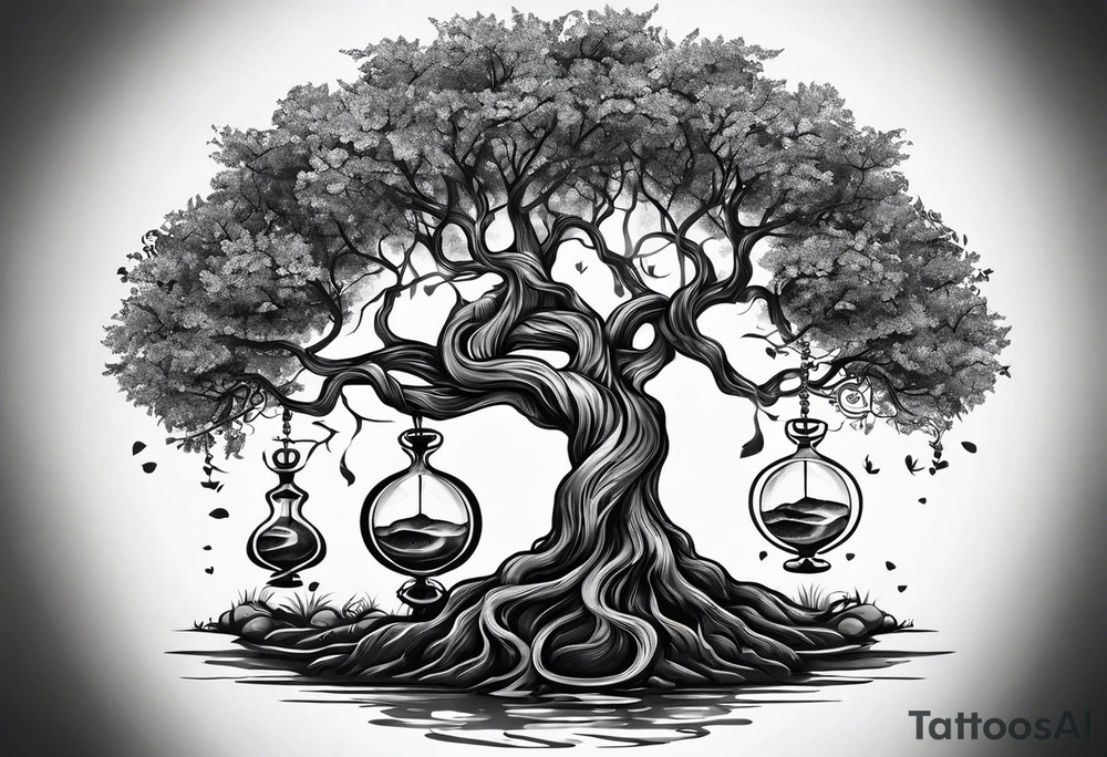 circle of life tree
the roots of the tree wrapped around a hour glass sand timer
the hour glass sand timer is below the tree with the roots wrapped around tattoo idea
