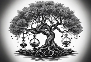 circle of life tree
the roots of the tree wrapped around a hour glass sand timer
the hour glass sand timer is below the tree with the roots wrapped around tattoo idea