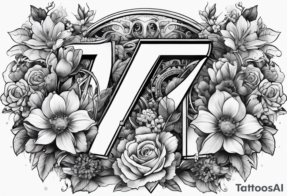 The number seven surrounded by colorful flowers tattoo idea