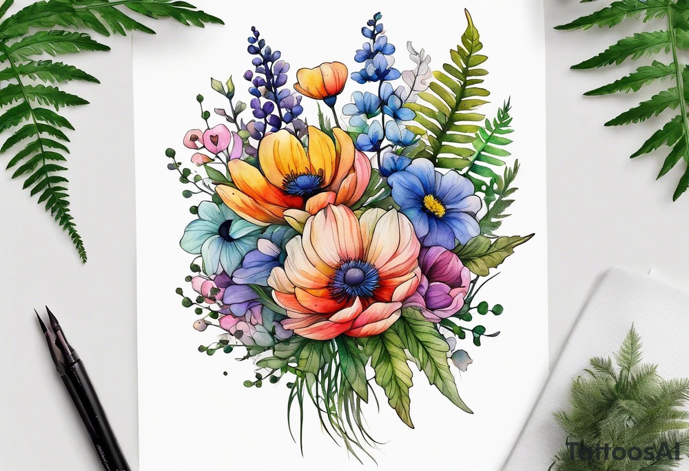 Minimalist Multicolored wild flowers bouquet with ferns and white anemone all watercolor tattoo idea