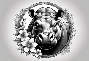 A hippo head with a detailed realistic full moon on upper right corner and wintersweet flower on lower left corner tattoo idea