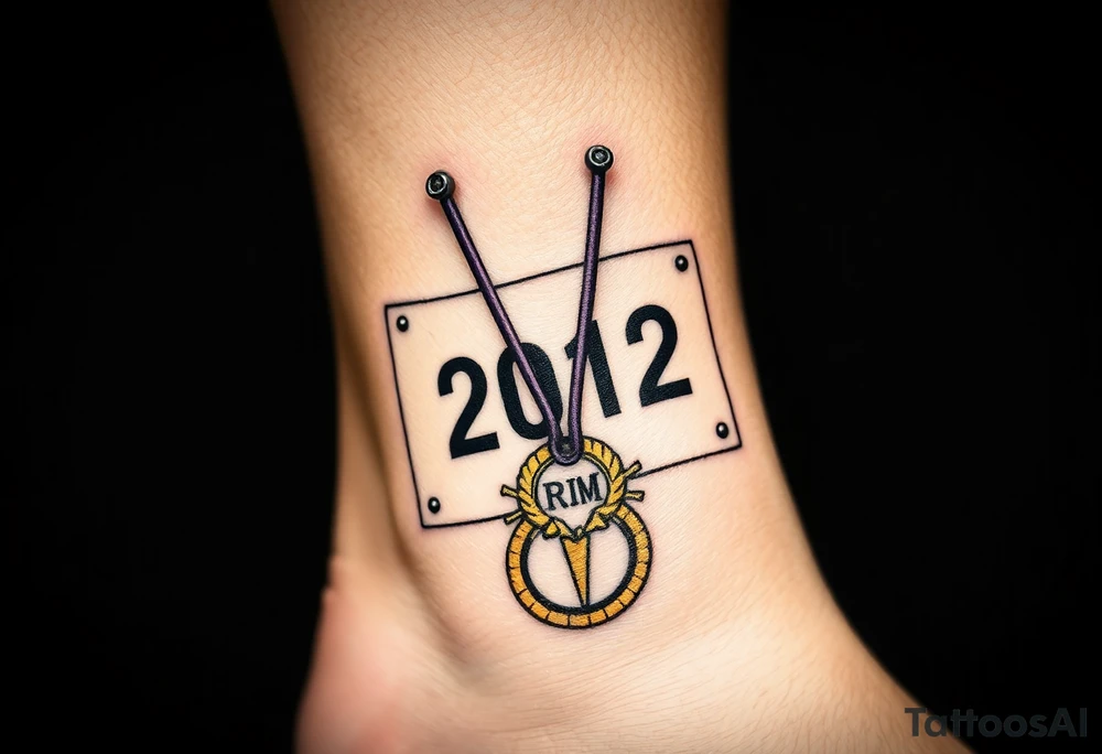Running bib with 2012 with purple and gold and safety pins going through my skin. Running medal draped in with it tattoo idea