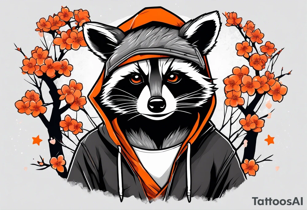 Raccoon wearing a white Superman logo on a black hoodie and orange Japanese cherry blossoms beside tattoo idea