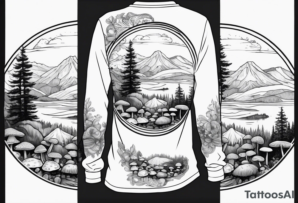 Whole picture encircled fully

Straight long blonde hair hippie girl in distance holding mushrooms in hand facing away toward mountains and creek surrounded by mushrooms long sleeve shirt and hiking pants; whole rendering within a full circle, no cut off circle tattoo idea