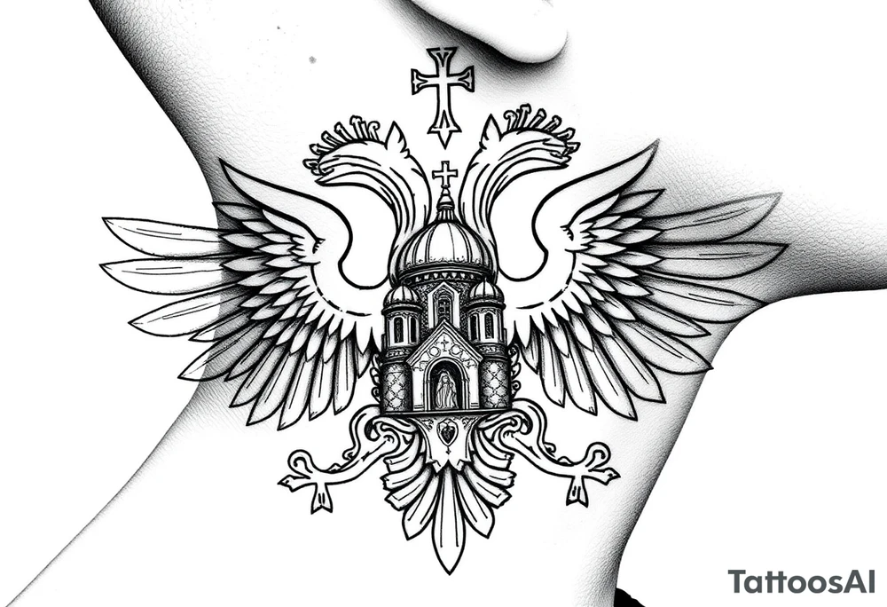 russian coat of arms double headed eagle traditional christian orthodox cross with a virgin mary stood in the entrance of a russian orthodox dome church on the side of the neck in a wilderness setting tattoo idea