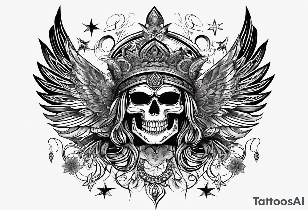 black kali, goddess pirate, alien, pachamama, valkrye, warrior, skull, lotus azul, wing, eagle, zenza resonance, stars, 5D tattoo idea