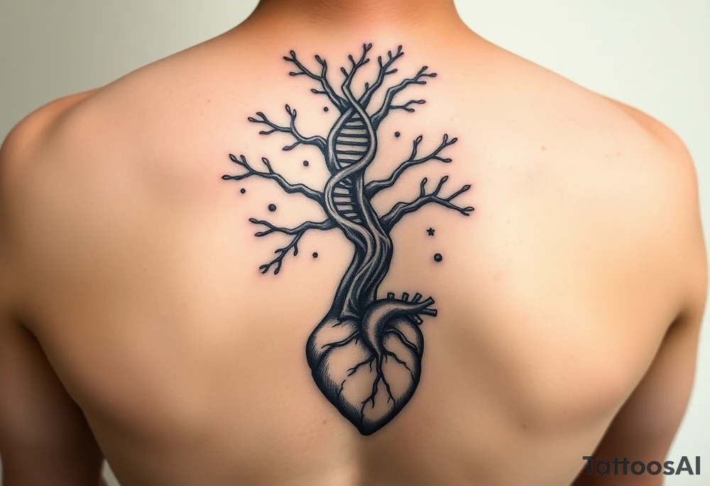 Thick DNA TREE trunk with roots for family tree
Add anatomical heart in bottom tattoo idea