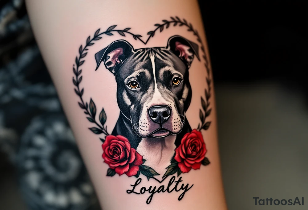 Pitbull in a heart-shaped frame, classic black and gray portrait with red roses and script reading “Loyalty” underneath. tattoo idea