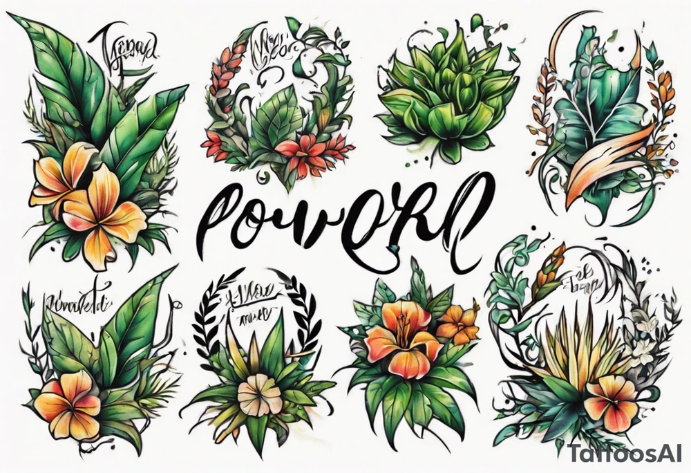 Word ‘Powered’ with plants tattoo idea
