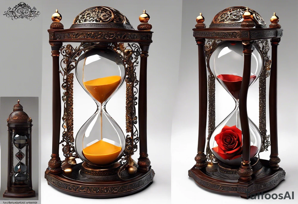 "I want a design featuring a detailed hourglass with a hand clock in the center, where the numbers on the clock are Amazigh numerals. The hourglass and clock should be intertwined with thorny roses, their vines wrapping around the glass. Additionally, planets and stars should orbit around the hourglass, blending both natural and cosmic elements. The roses' thorns should appear sharp and intricate, while the planets give a sense of movement and wonder. The design should be symbolic, representing the flow of time, the universe, and nature, all in harmony." tattoo idea