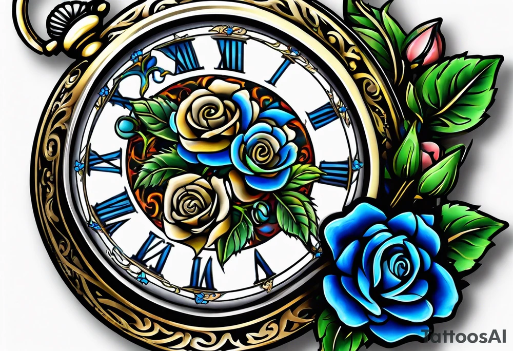 Pocket watch with blue roses tattoo idea