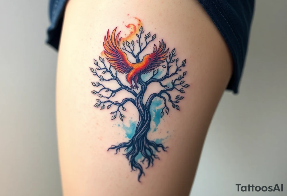 magical tree of life with a phoenix tattoo idea