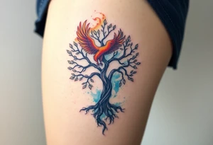 magical tree of life with a phoenix tattoo idea