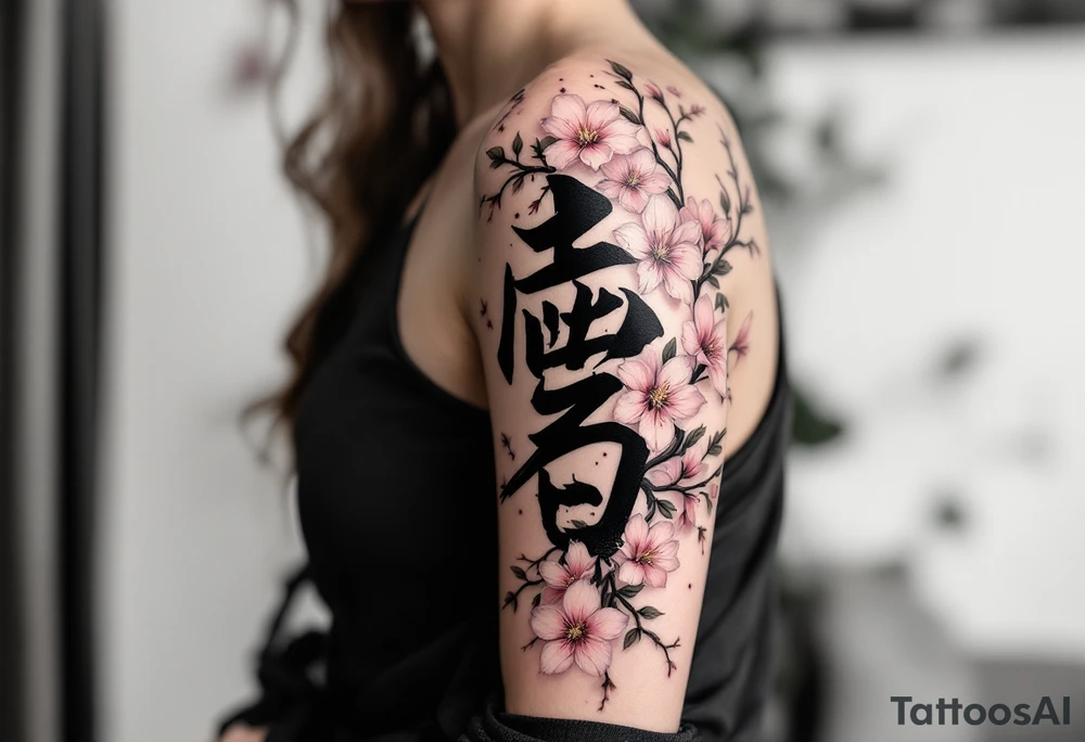 Cherry Blossom with Kanji – A few soft pink blossoms and brown branches, surrounding a black Kanji symbol representing “love,” “strength,” or “rebirth.” tattoo idea