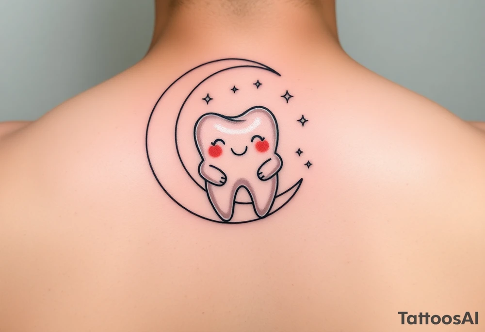 “A cute cartoon-style molar tooth sitting and gently hanging from a crescent moon, surrounded by small sparkling stars. The tooth has a sweet, happy expression (like blushing cheeks and a tiny smile), and the design is minimalistic, clean, and suitable for a small tattoo. Soft pastel colors with smooth shading, delicate outlines, and a dreamy, celestial vibe.” tattoo idea