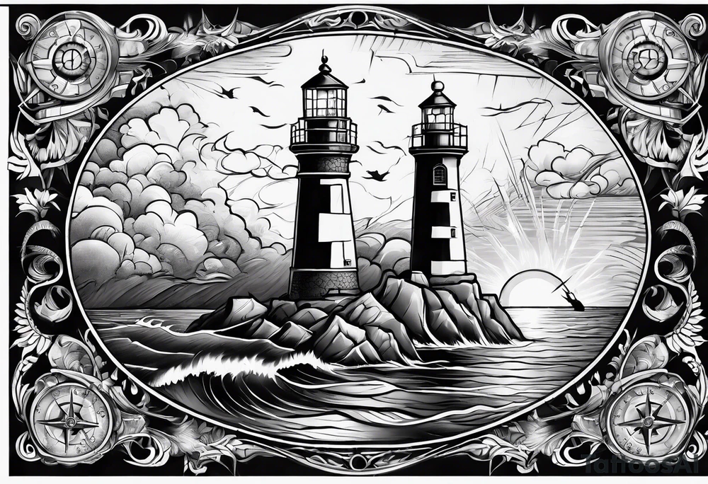 full sleeve tattoo with compass, lighthouse, bermuda triangle, crown and anchor dice, lightning in background tattoo idea
