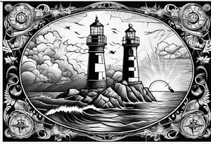 full sleeve tattoo with compass, lighthouse, bermuda triangle, crown and anchor dice, lightning in background tattoo idea