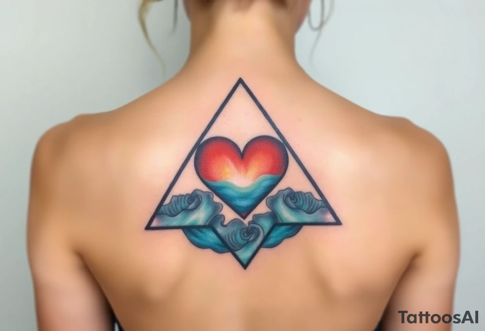 A triangle with a big heart in the center with an ocean travel theme tattoo idea