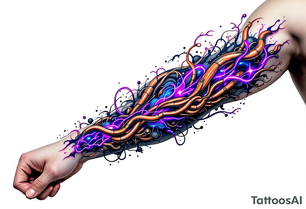 A  vivid design featuring copper tubes and violet plasma lines integrated into the skin’s anatomy. tattoo idea
