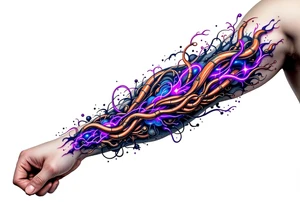 A  vivid design featuring copper tubes and violet plasma lines integrated into the skin’s anatomy. tattoo idea