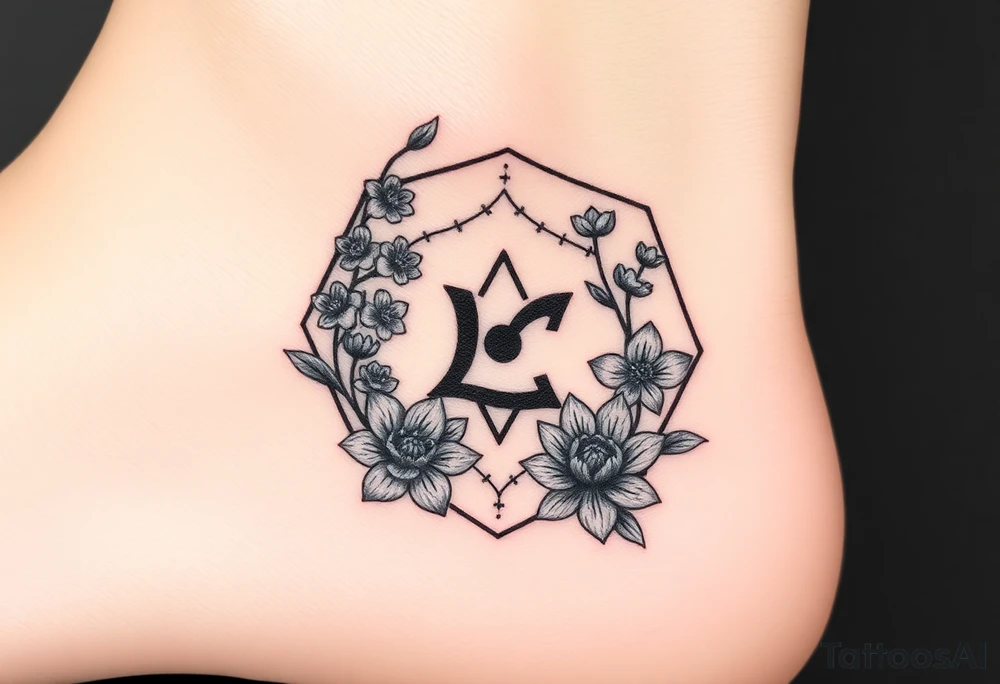 Hexagon Leo symbol larkspurs and water lilies tattoo idea