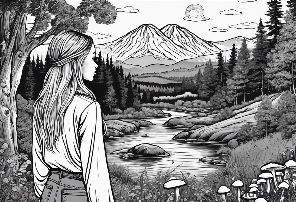 Whole picture encircled fully

Straight long blonde hair hippie girl in distance holding mushrooms in hand facing away toward mountains and creek surrounded by mushrooms long sleeve shirt and hiking pants; whole rendering within a full circle, no cut off circle tattoo idea