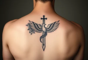 Cross sword darkened in with roses pearls and a phoenix rising from the ashes feminine the phoenix is not the main attraction the cross is on tricept tattoo idea