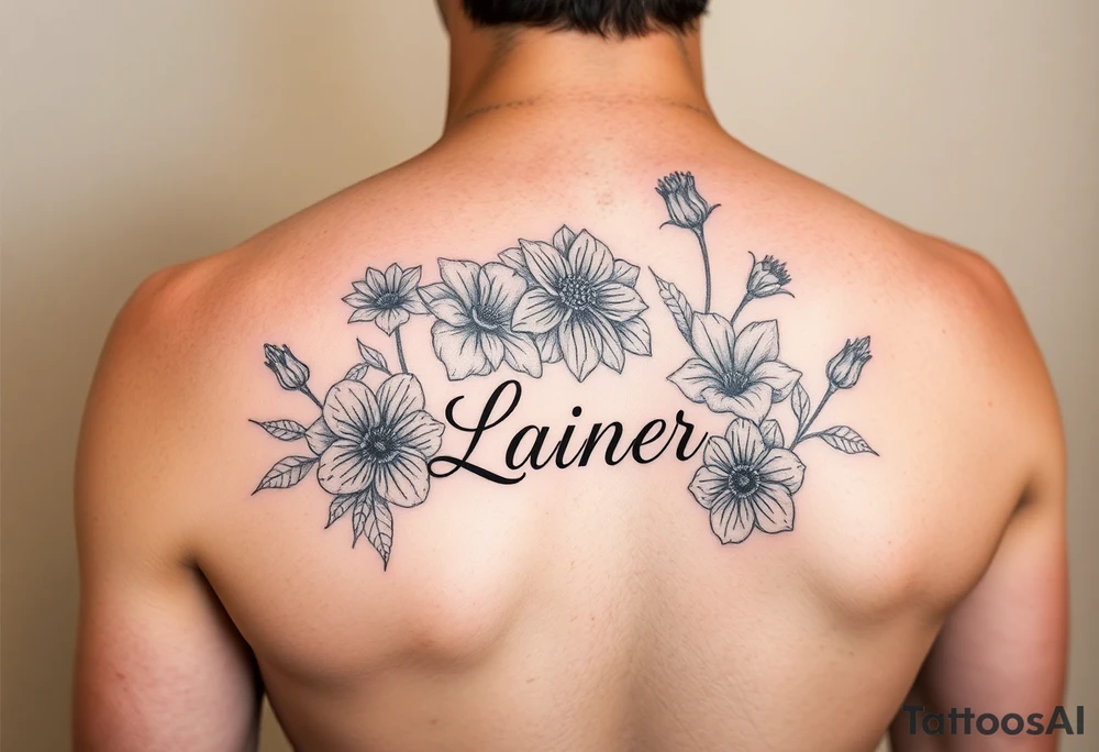 Birth flowers for the month of January February March May, June, July, August, November, and the name Lanier in cursive between the flowers on sleeve tattoo idea