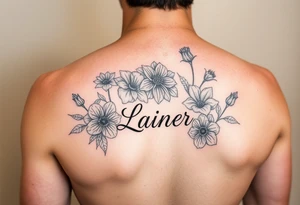 Birth flowers for the month of January February March May, June, July, August, November, and the name Lanier in cursive between the flowers on sleeve tattoo idea