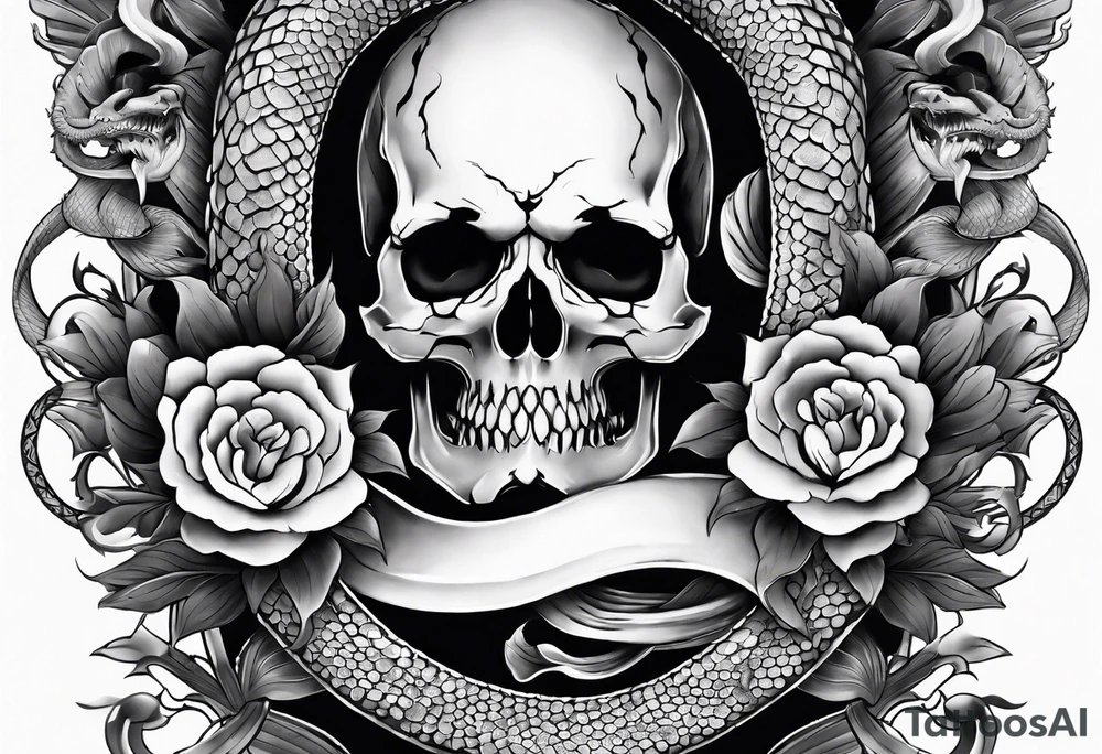 sleeve tattoo with a hydra snake, gun, skull and Japanese designs, NO FLOWERS tattoo idea