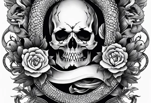 sleeve tattoo with a hydra snake, gun, skull and Japanese designs, NO FLOWERS tattoo idea