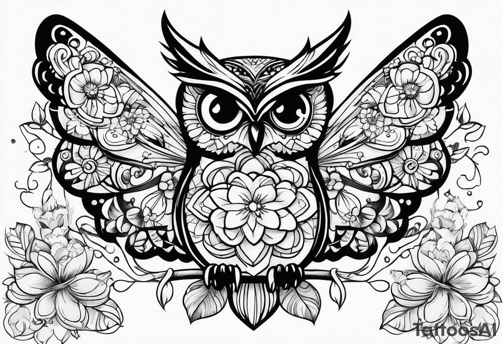 Owl flower butterfly stars tattoo idea