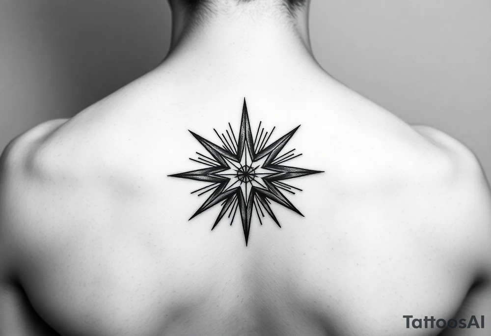 A highly artistic tattoo design with a central focus on a radiant star, symbolizing guidance and empowerment. black and white. small tattoo idea