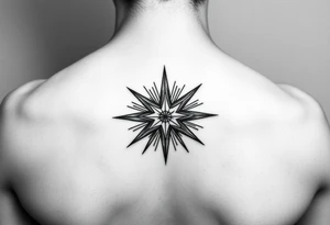 A highly artistic tattoo design with a central focus on a radiant star, symbolizing guidance and empowerment. black and white. small tattoo idea