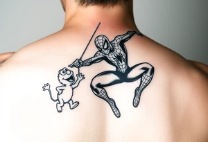 spiderman swinging from a web saving elmo tattoo idea