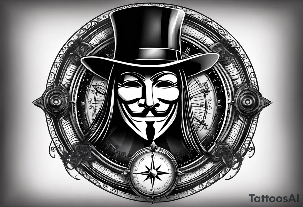 Centered v for vendetta, mask only. No hat. Vintage compass surround. tattoo idea