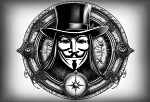 Centered v for vendetta, mask only. No hat.   Vintage compass surround. tattoo idea