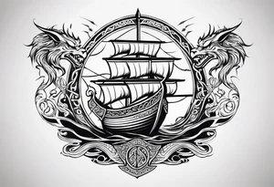 Valhalla sword shield viking ship dragon head tattoo idea