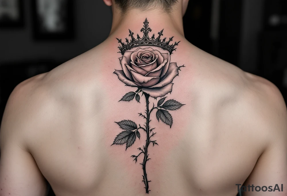 Single rose with 1982 as the stem if the rose with queen if heaetz and crown around or on top of rose with vines and thorns on top of arm tattoo idea