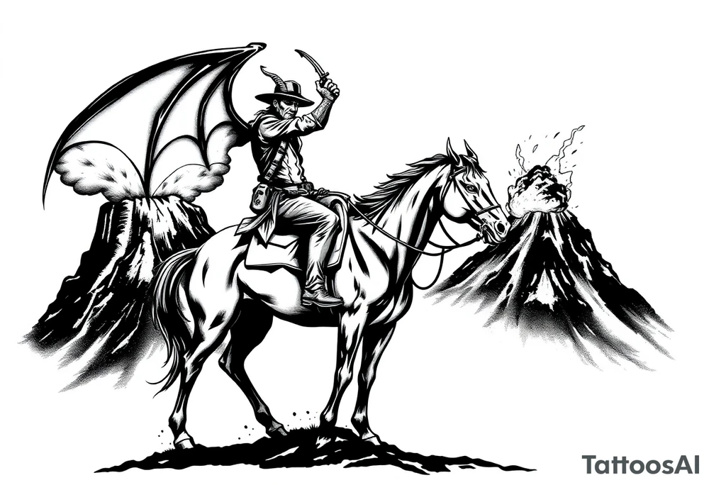 Silhouette of a demon cowboy on a horse, against a volcanic eruption. tattoo idea